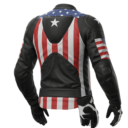 A high-quality leather motorcycle jacket with an American flag design, featuring stars on the chest, red and white stripes, black leather sleeves, and protective padding.