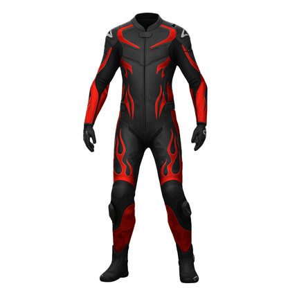 Black and red motorcycle suit on a white background