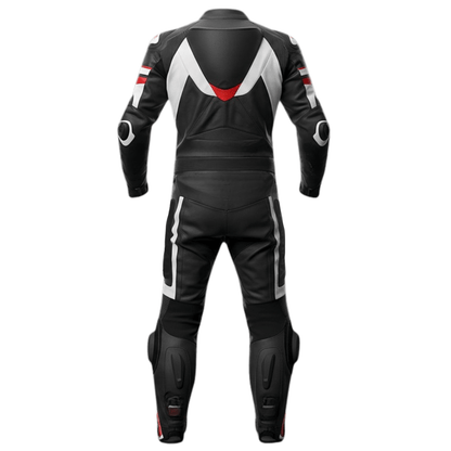 Black leather motorcycle suit with white and red accents on a white background