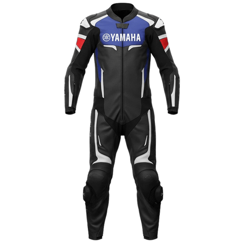 Motorcycle racing suit with Yamaha logo on a white background