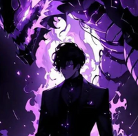 Silhouette of a person in front of a large, glowing purple dragon-like creature.